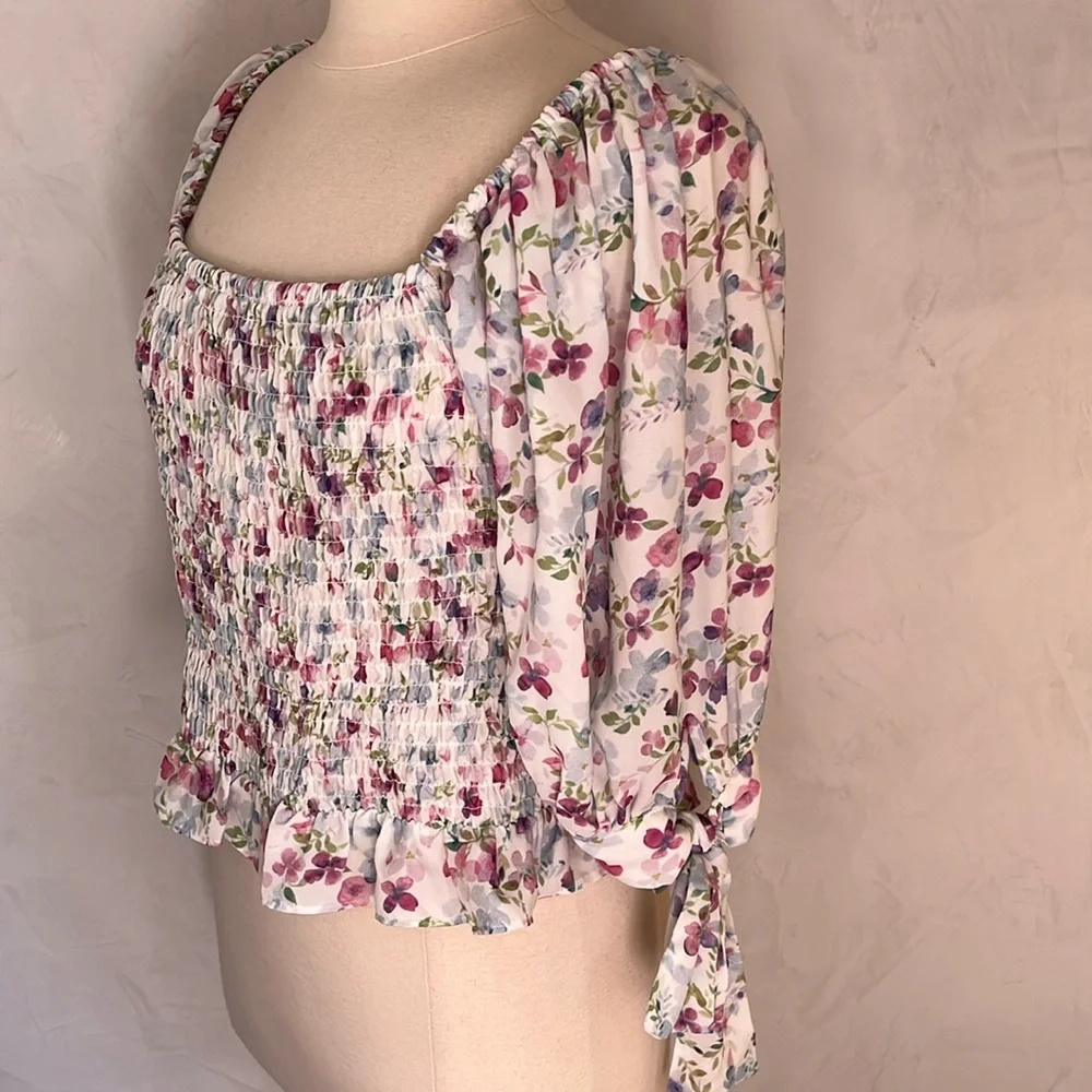 Fashion To Figure White,pink,blue,purple & green Floral Top w/tie sleeves - Picture 7 of 16